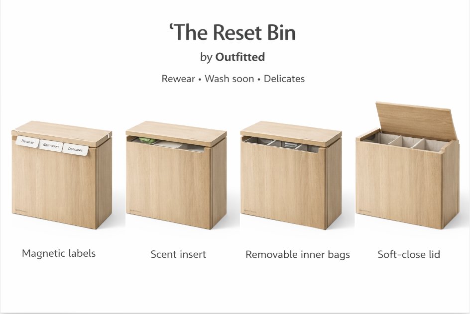 The Reset Bin by Outfitted — premium wardrobe organizer with Rewear, Wash Soon, and Delicates compartments. Features magnetic labels, scent insert, removable inner bags, and soft-close lid.